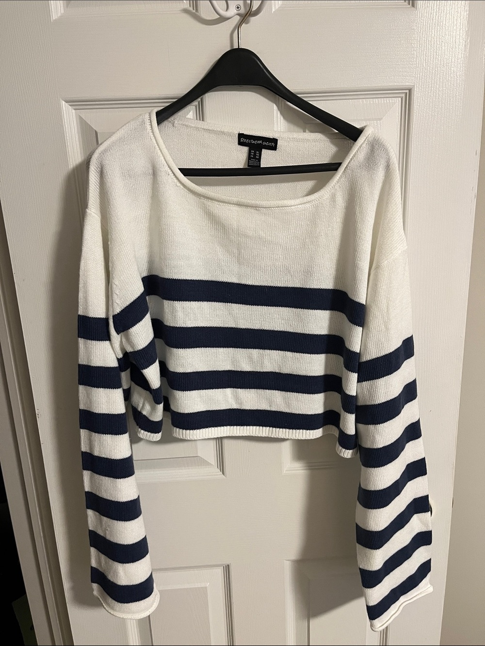 Streetwear Society White & Navy Cropped Striped Sweater